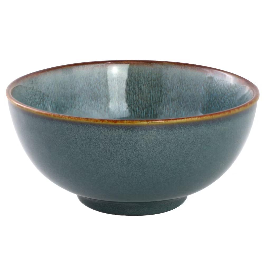 Reactive Glaze Stoneware Dinnerware Set in Blue with Brown Rim