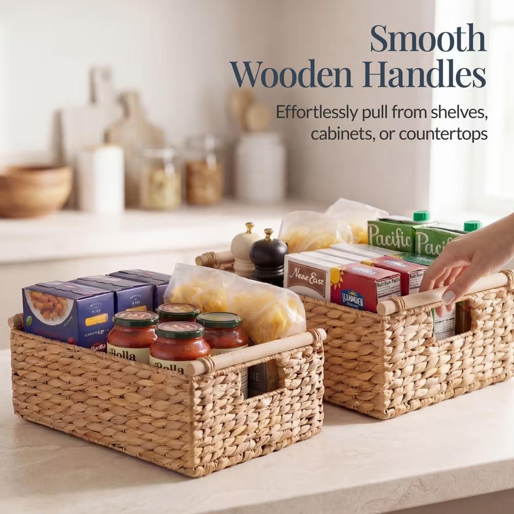 Wicker Storage Basket, Shelf Basket w/ Wooden Handles, Rectangular Storage Bin - Natural - Image 10