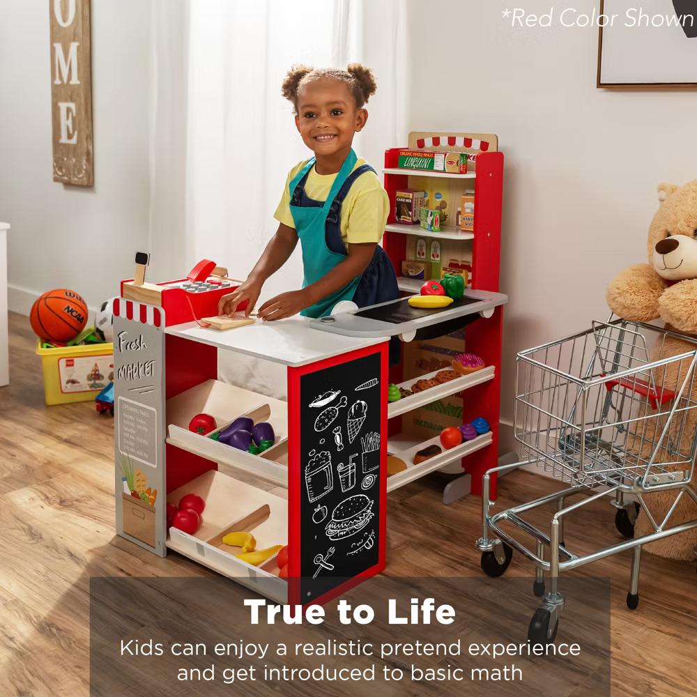 Kids Pretend Play Grocery Store Wooden Supermarket Set w/ Chalkboard, Cash Register - Red - Image 14