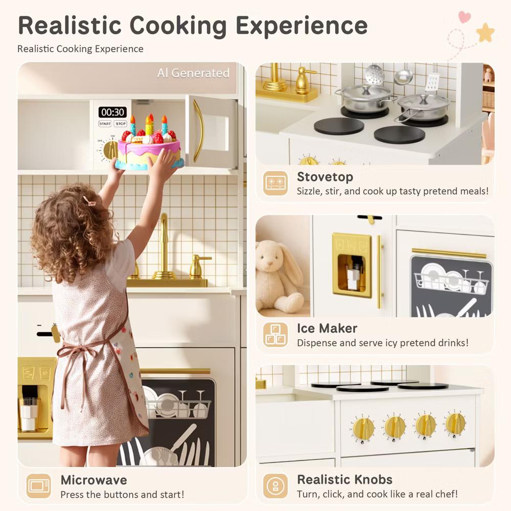 Wooden Play Kitchen with Running Water Sink, Clicking Stove Knobs, Microwave, Oven, Ice Maker & Storage, Ages 3+ - Image 12