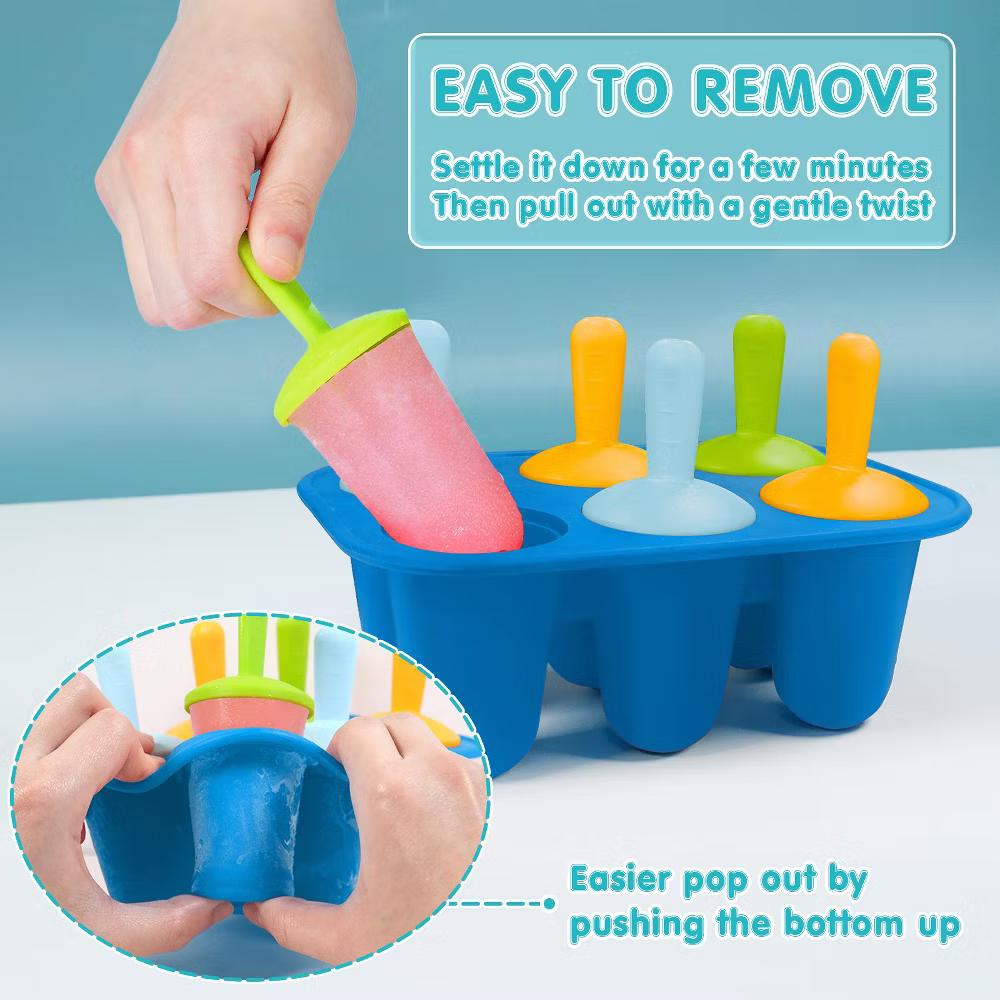 AEELLEEA 6 Cavity Silicone Popsicle Molds, BPA-Free Reusable Ice Pop Molds with Colorful Sticks, Easy Demold Frozen Treat Molds for Juice - Image 3