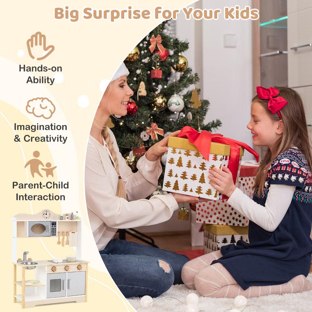 Wooden Play Kitchen for Kids Cooking Toy Playset w/ Microwave Stove Dish Rack - Image 9