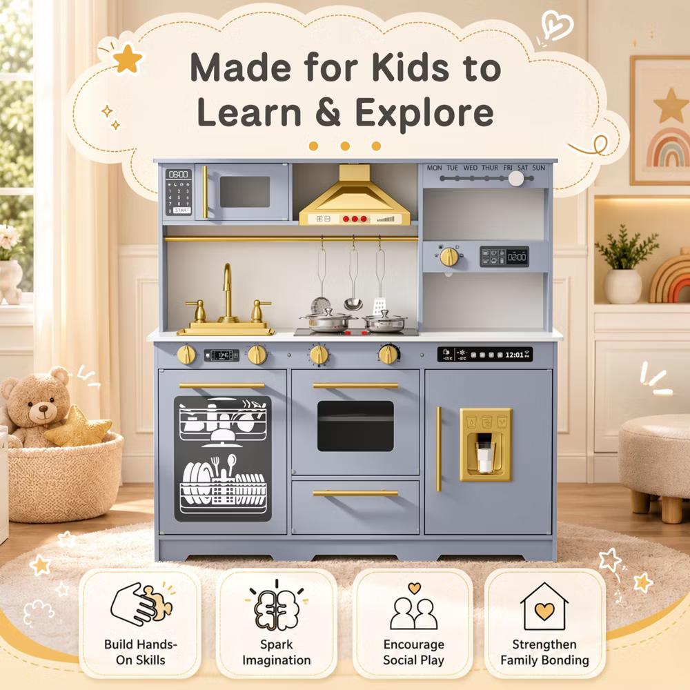 Wooden Play Kitchen for Kids with Running Water Sink, Interactive Stove, Ice Maker, Microwave, Oven & Dishwasher, Ages 3+ - Image 28