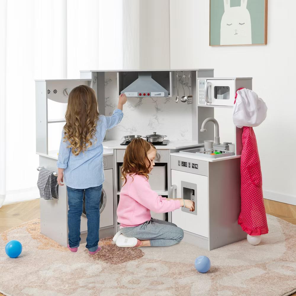 Wooden Kids Play Corner Kitchen with Realistic Lights & Sounds Lighted Range Hood Brown/Grey - Image 14