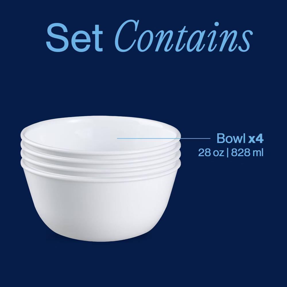 4pk Glass Vitrelle 28oz Dinner Bowls White: Round Solid Pasta & Soup Bowls, Dishwasher & Microwave Safe - Image 7