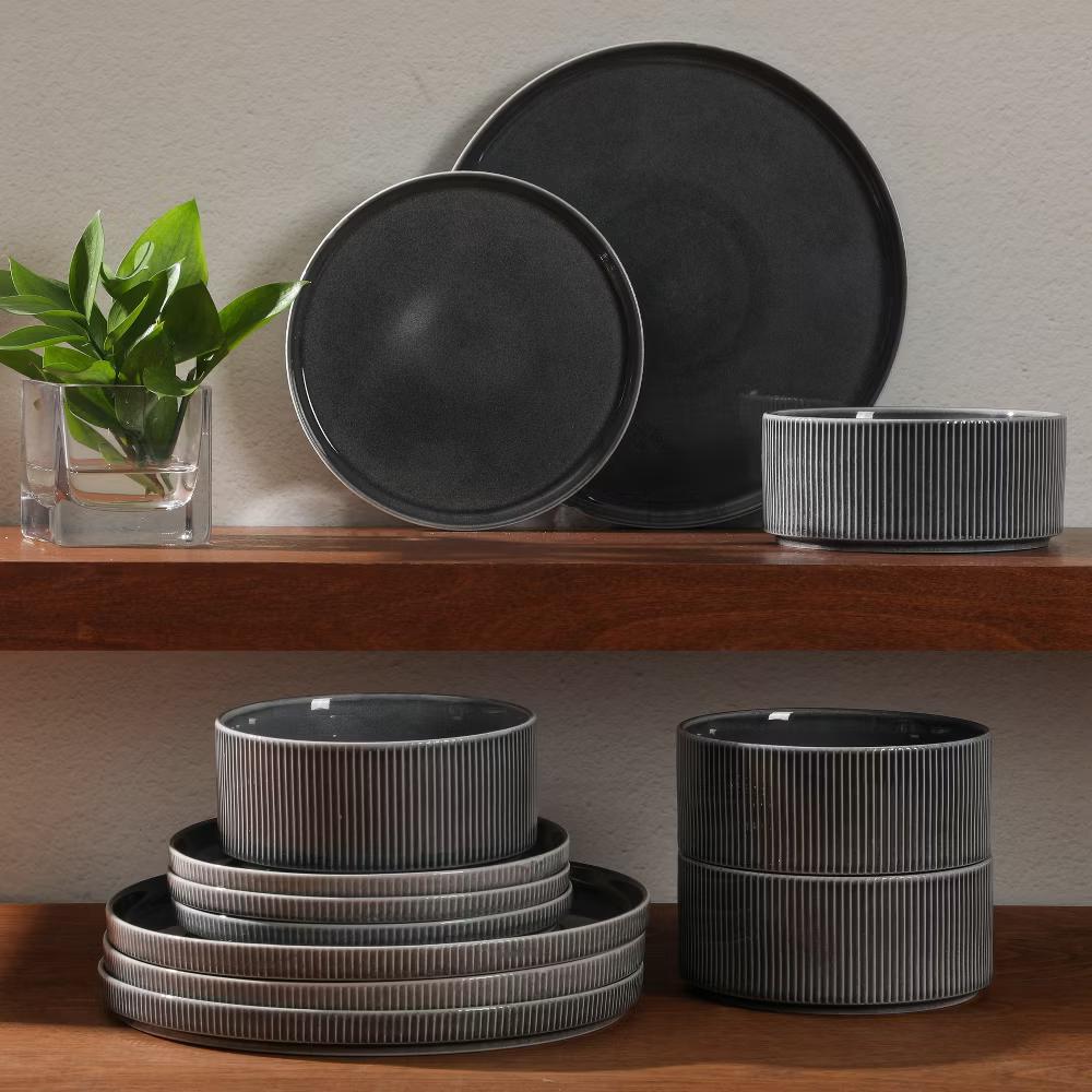 Solana Coast 12 Piece Stoneware Reactive Glaze (Service for 4) Ceramic Plates and Bowls Modern Shape Embossed Dinnerware Set - Image 13