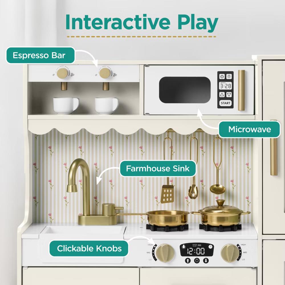 Wooden Cottage Kids Pretend Play Kitchen with 11 Accessories, Espresso Machine - Pink - Image 12