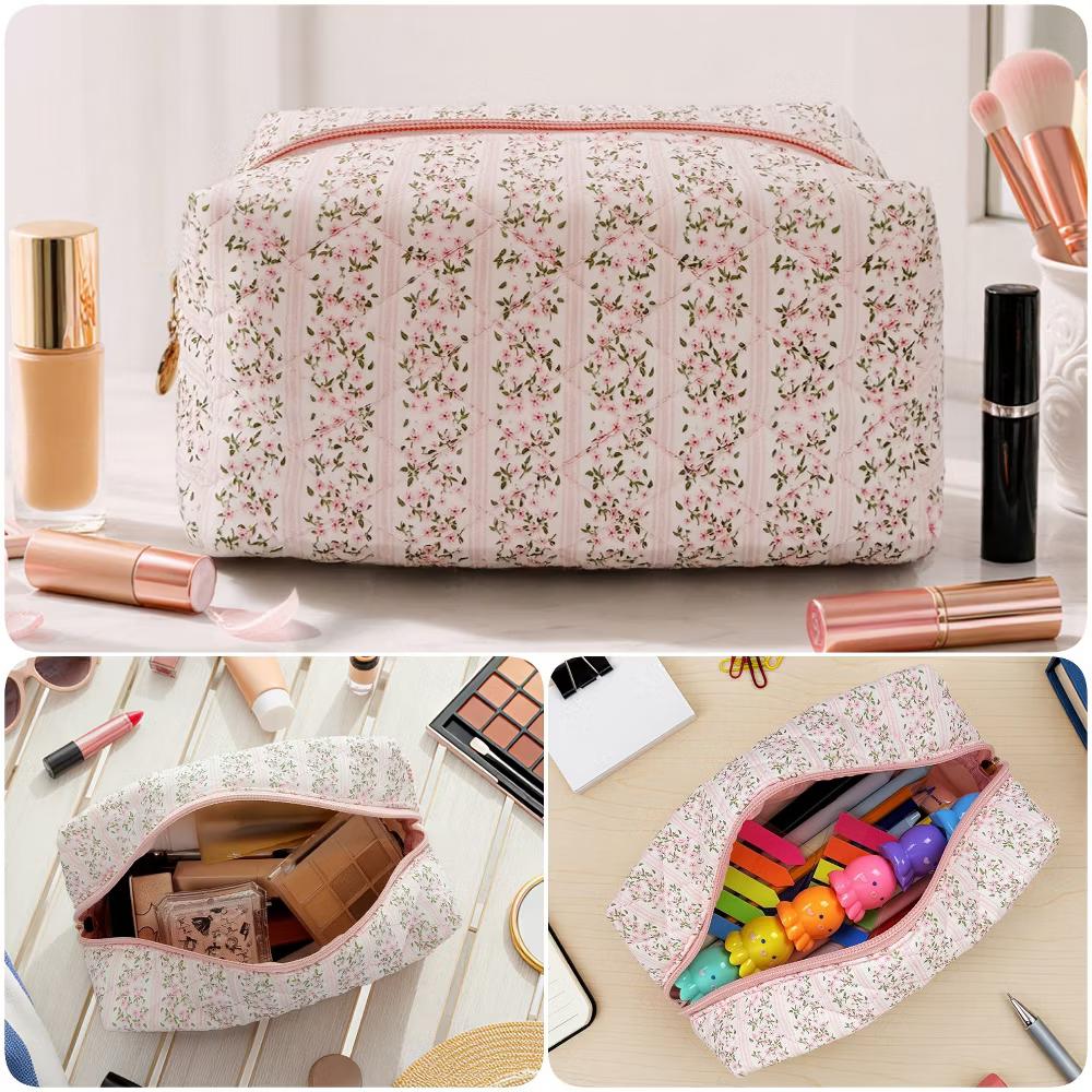 Floral Quilted Makeup Bag, Cosmetic Toiletry Travel Bag, Pencil Pouch - Image 2