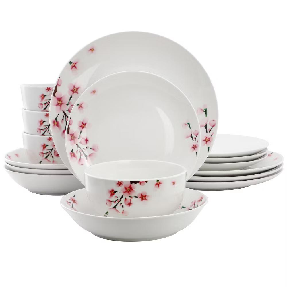 Tamara Cherry Blossom Porcelain Dinnerware Set in White and Pink - Image 12