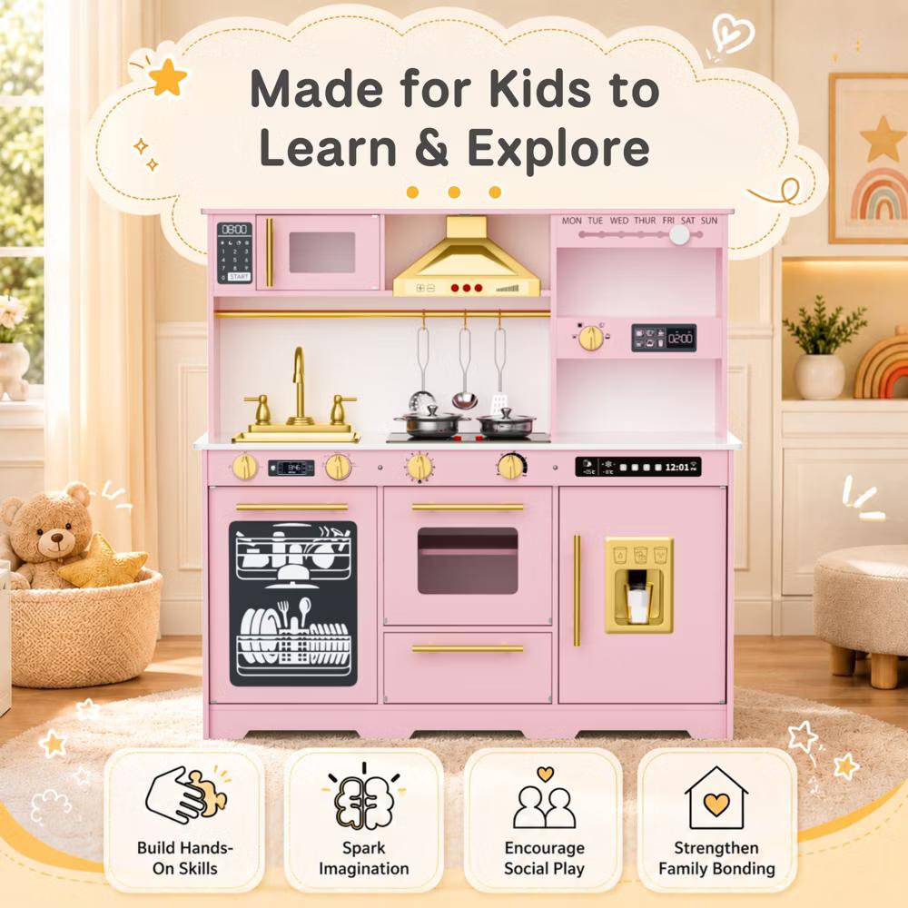 Wooden Play Kitchen for Kids with Running Water Sink, Interactive Stove, Ice Maker, Microwave, Oven & Dishwasher, Ages 3+ - Image 54