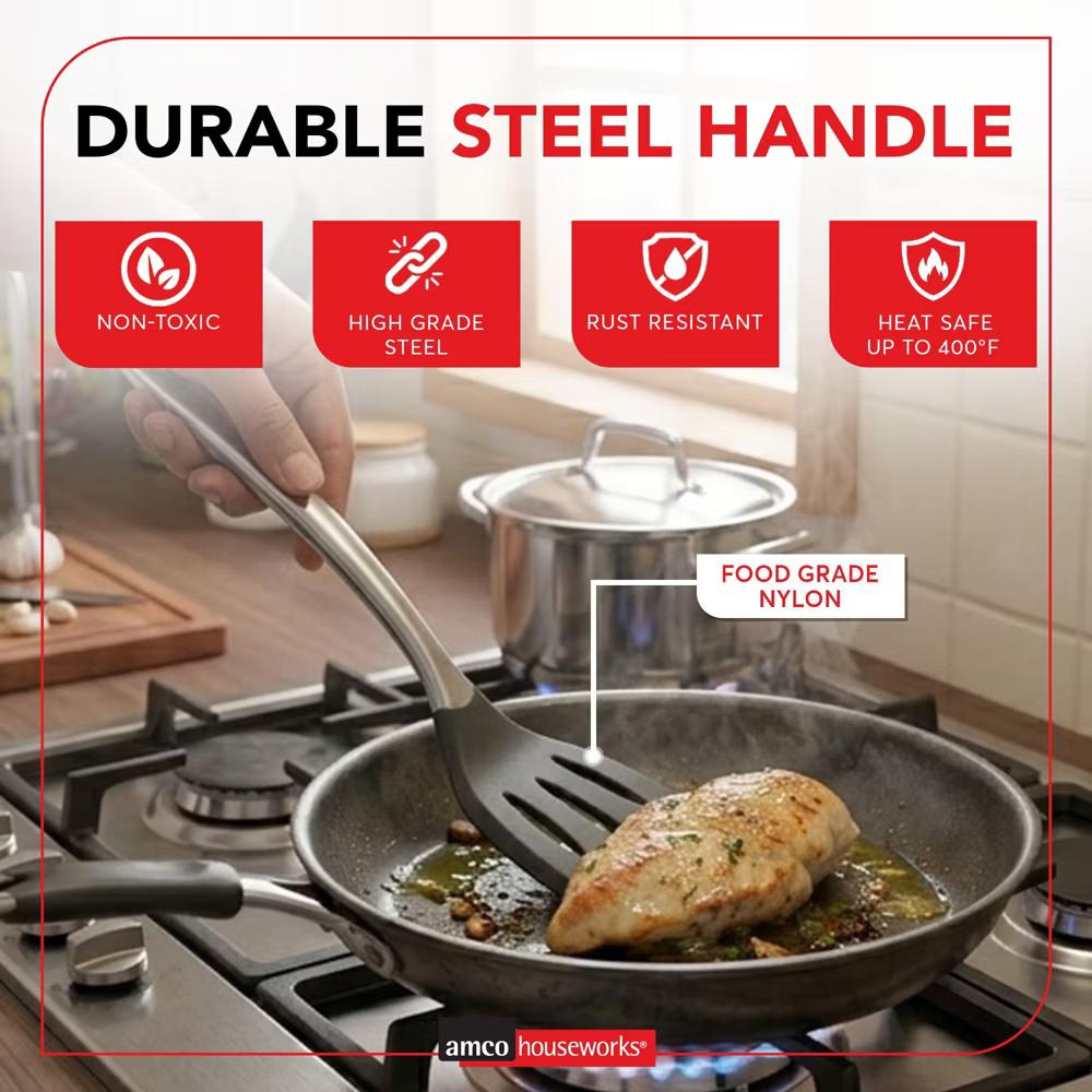Amco 6-Piece Nylon Utensil Set, Heat-Resistant with Stainless Steel Handles, BPA-Free, Safe for Non-Stick Cookware, Dishwasher Safe Cooking Tools