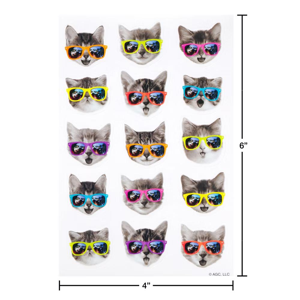 Funny Stickers for Kids/Cool Cats and Pugs in Sunglasses 120ct - 8 Sheets