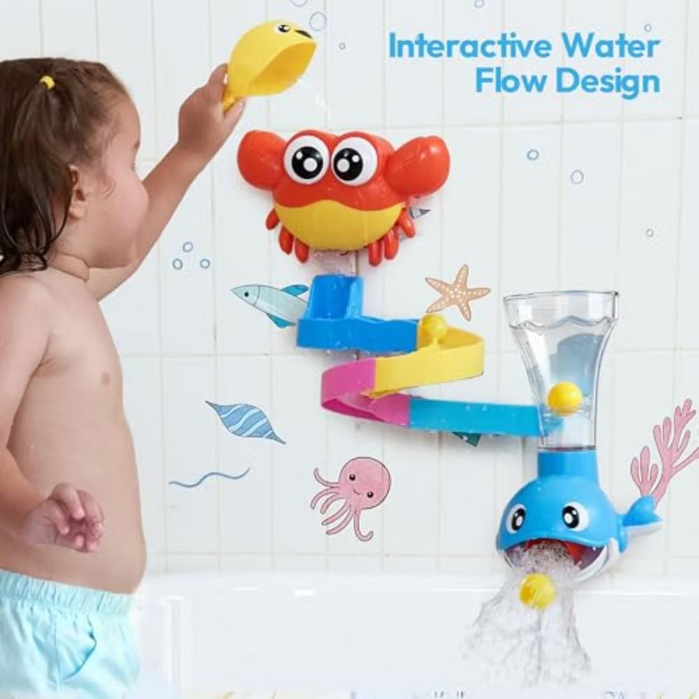 7-in-1 Bath Toy for Kids, Interactive Water Play with Crab, Whale, Fish & Slide Track for Toddlers, Pour Spray Bathtub Toys, Kids Birthday Gift