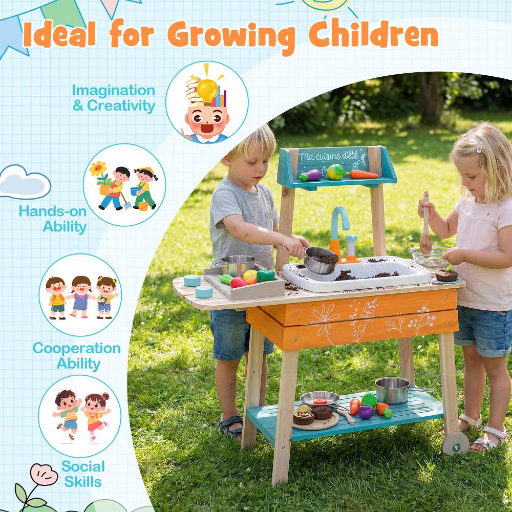 Outdoor Kids Play Kitchen Set, Wooden Toy Kitchen Playset with Removable Sink - Image 4