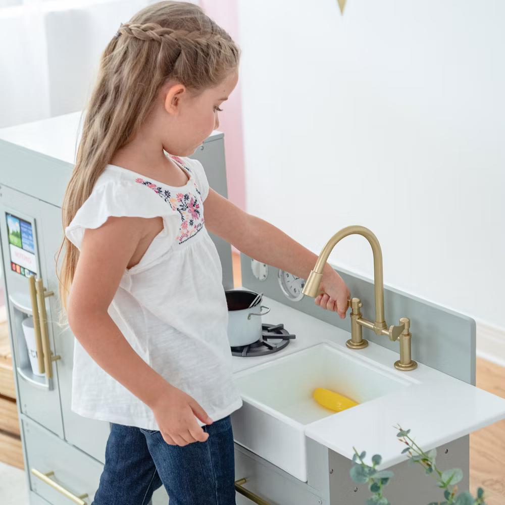 Little Chef Charlotte Modern Wooden Play Kitchen with Realistic Stove, Sink, Fridge & Accessories - Image 7