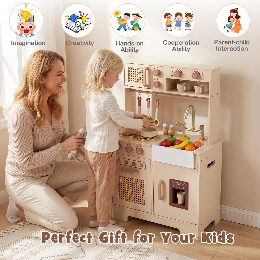 Kids Play Kitchen, Wooden Pretend Kitchen Playset with Rattan Doors, Stoves Yellow/Pink - Image 4