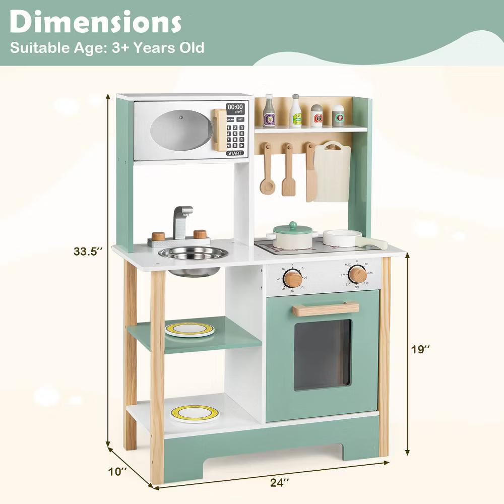 Play Kitchen with Chalkboard Microwave Stove Dish Rack Faucet Sink Accessories White + Natural/Blue/Green + White - Image 5
