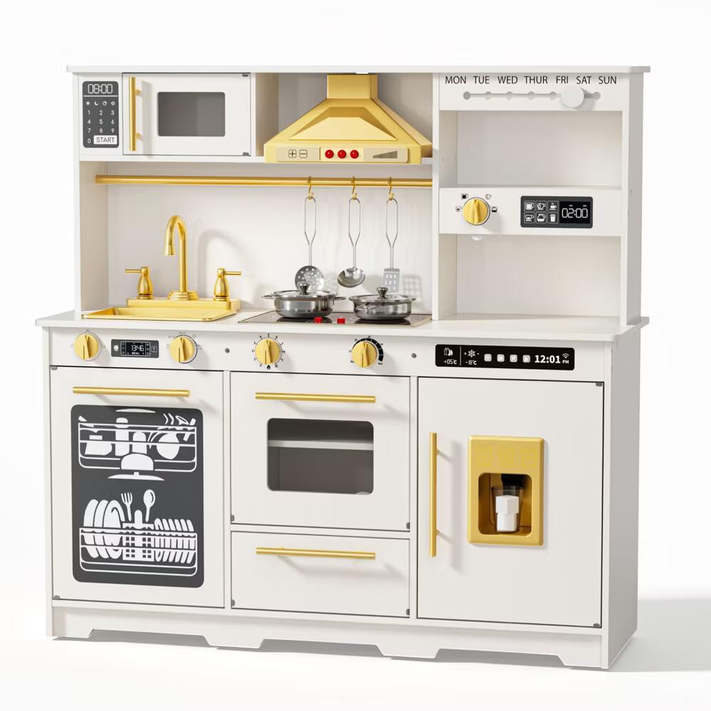 Wooden Play Kitchen for Kids with Running Water Sink, Interactive Stove, Ice Maker, Microwave, Oven & Dishwasher, Ages 3+ - Image 61