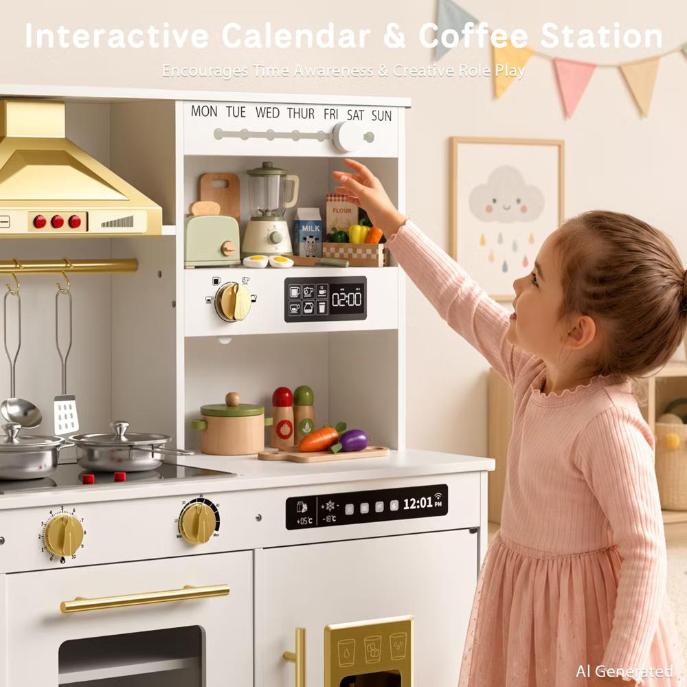 Wooden Play Kitchen for Kids with Running Water Sink, Interactive Stove, Ice Maker, Microwave, Oven & Dishwasher, Ages 3+ - Image 71