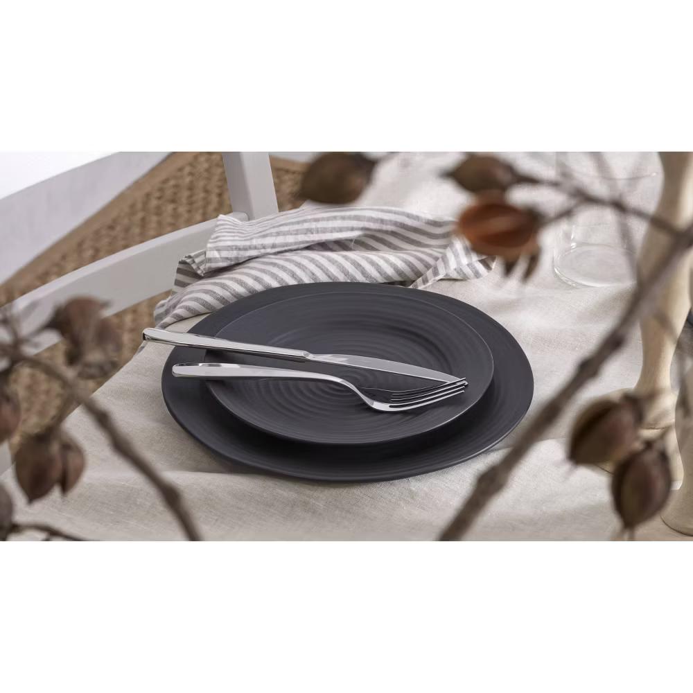 Oneida 12pc Stoneware Dinnerware Set Ridge Black: Matte Black Dishes, Swirl Pattern, Service for 4, Dishwasher-Safe - Image 9