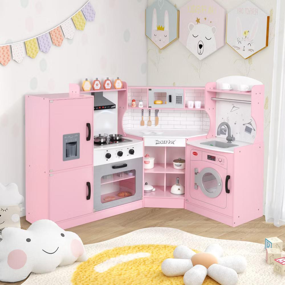 Corner Play Kitchen Toddler Kitchen Playset with Range Hood, Ice Maker, Microwave White/Pink - Image 21