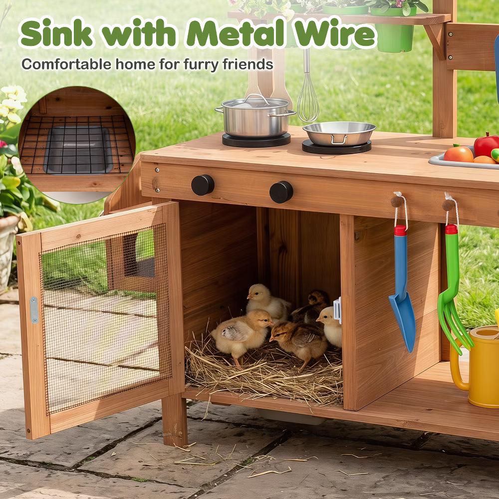 Kids Mud Kitchen with Detachable Bird Cage, Planter, Trellis, 2 Sinks, Stoves - Image 8