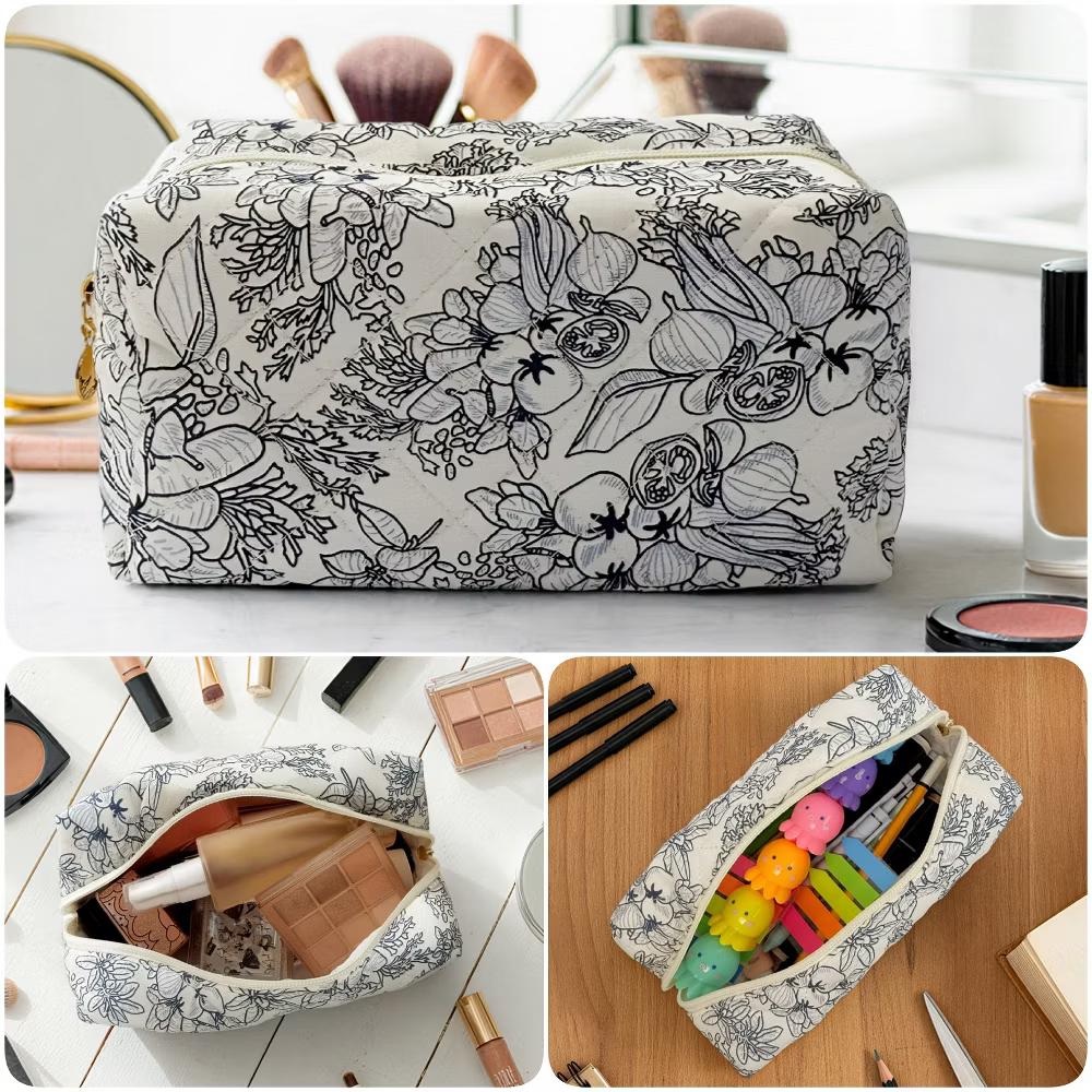 Floral Quilted Makeup Bag, Cosmetic Toiletry Travel Bag, Pencil Pouch - Image 13