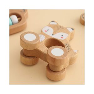 Freniland™ - Wooden Baby Rattle & Stacking Toy Set, Forest Friends 5 PCS Beechwood Infant Sensory Toys,Fox & Koala Grasping Combo in Pink for 10M+