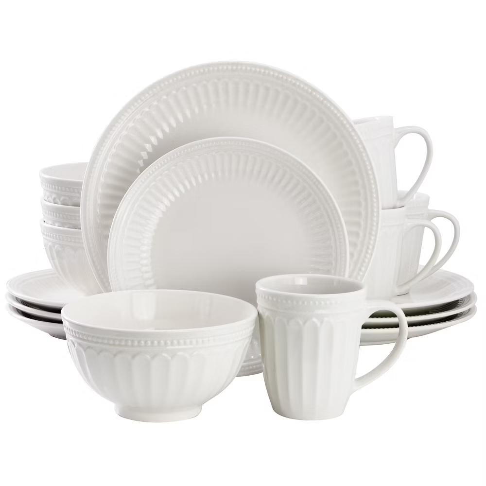 Embossed Arch and Dot Stoneware Dinnerware Set in White - Image 15