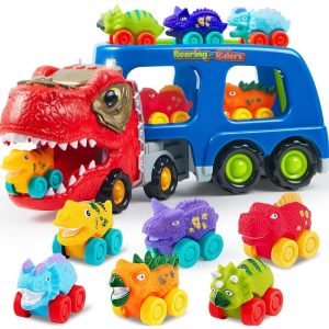 Dinosaur Truck Toys for Kids, Carrier Truck Car Toy with 6 Rubber Vehicle Figures, Music and Lights, Birthday Gift for Boys Ages 3 4 5 6