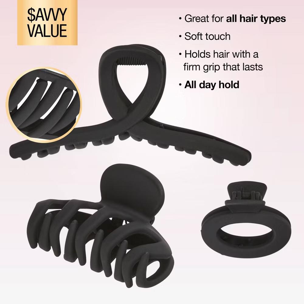 Assorted Styles Claw Clips - Matte Black - All Hair - 3pcs - Image 6