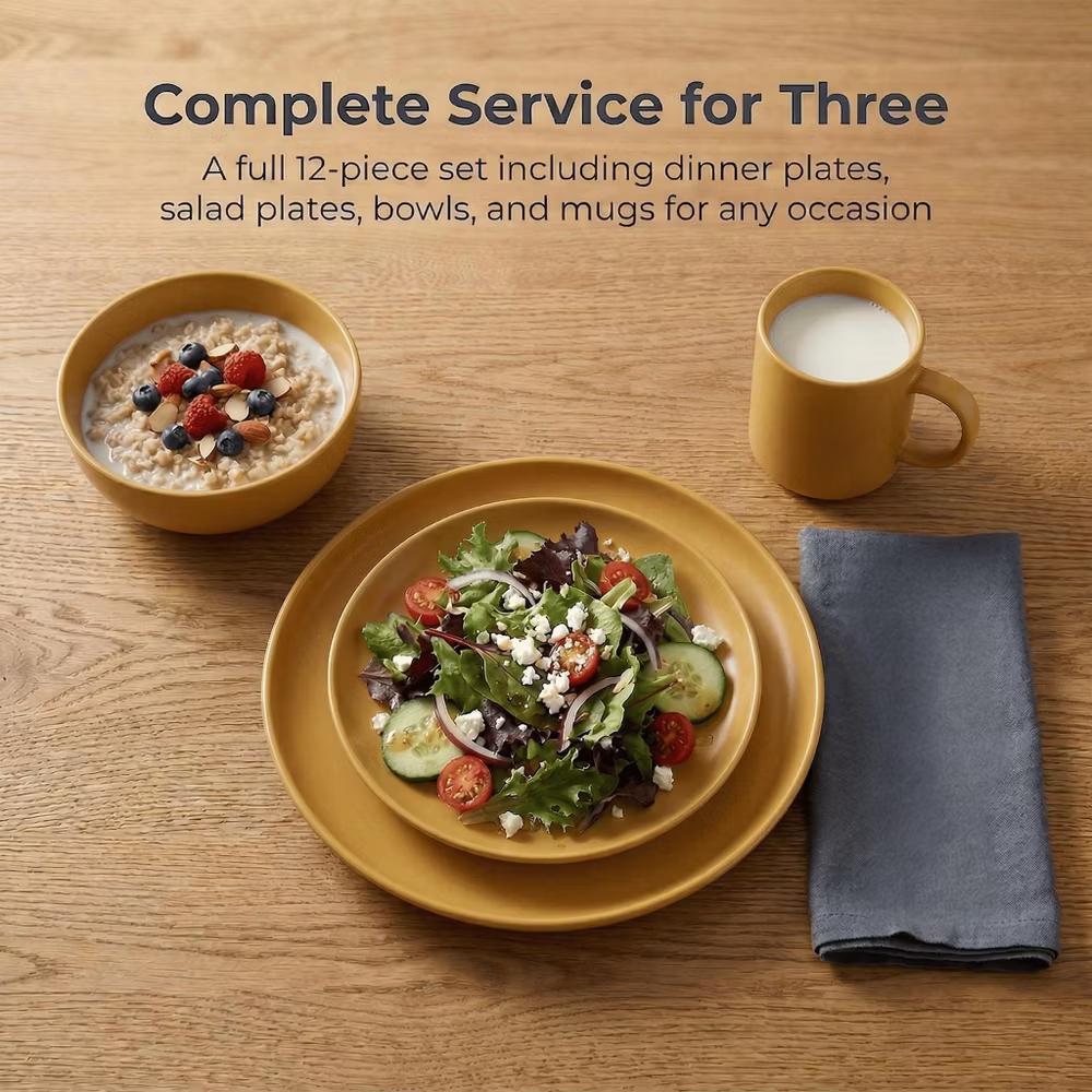 12-Piece Stoneware Dinnerware Set with Mugs, Microwave & Dishwasher Safe, Non-Toxic Dish Set, Plate Set, Stackable Matte Glaze Kitchenware for 3 - Image 43