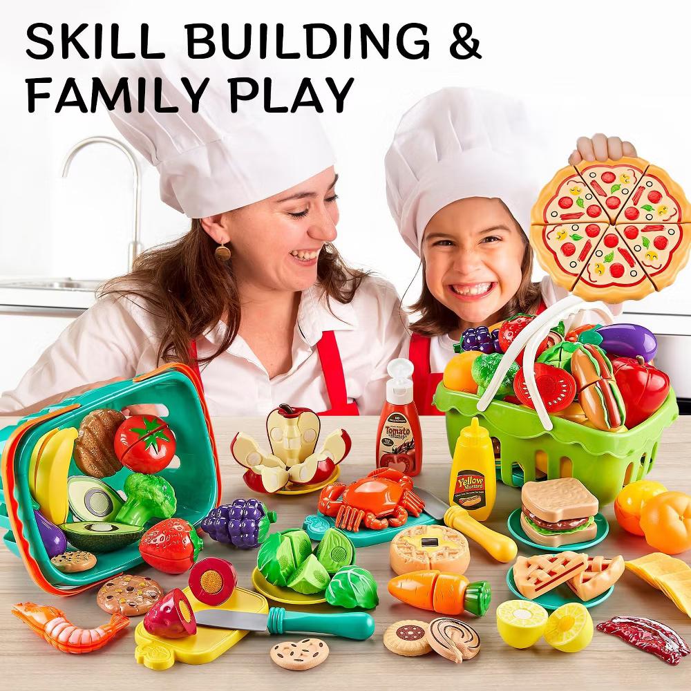 Etokfoks 85pcs Pretend Play Food Set for Kids Kitchen Cutting Toy Food with 2 Baskets Realistic Fruits Veggies Pizza Accessories - Image 3