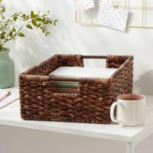 Woven Abaca Folio Bin - Handwoven Brown Storage Basket, Rectangle, Lacquered Finish, Ethical Handcraft