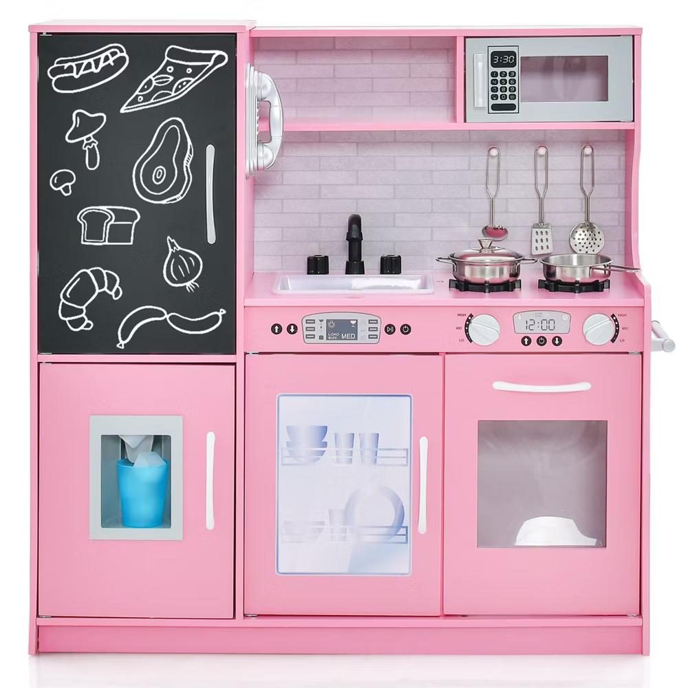 Kid's Pretend Play Kitchen Toddler Kitchen Playset with Blackboard Pink/White/Light Pink/Beige - Image 70