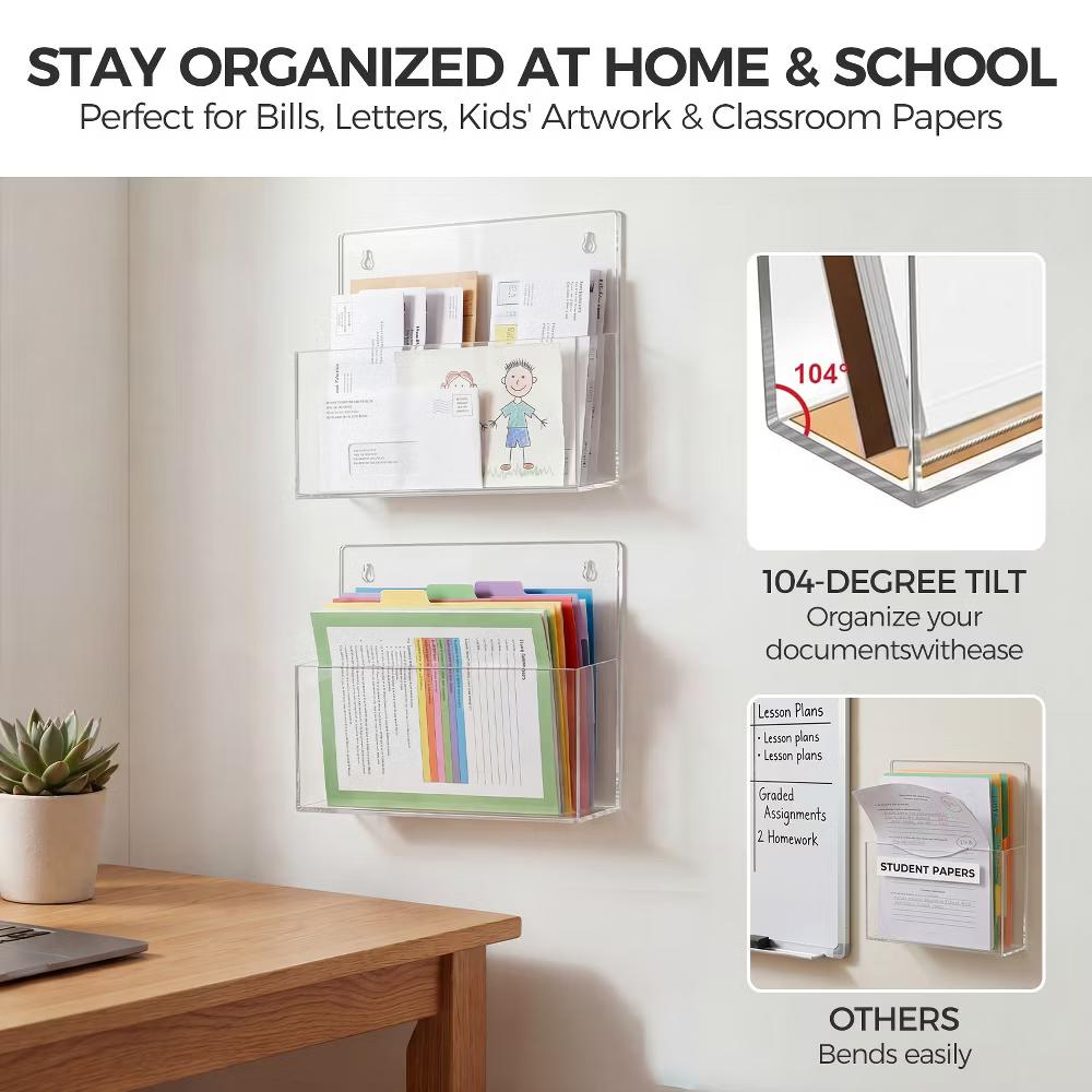 2 PCS Clear Acrylic Wall File Holder Adhesive Mount Office Document Organizer - Image 4