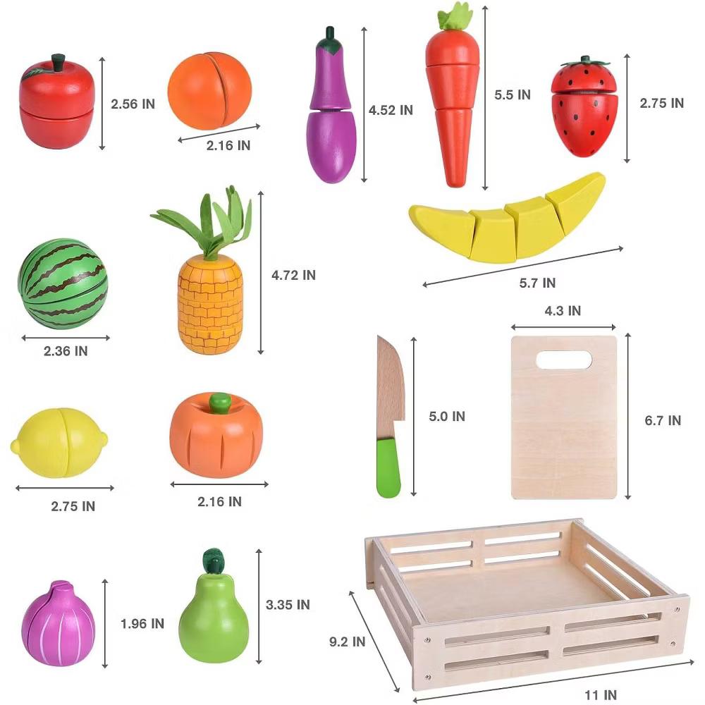 35pc Wooden Play Food Set for Kids, Pretend Cutting Fruits and Vegetables Toy with Tray, Dishes and Toy Knife - Image 6
