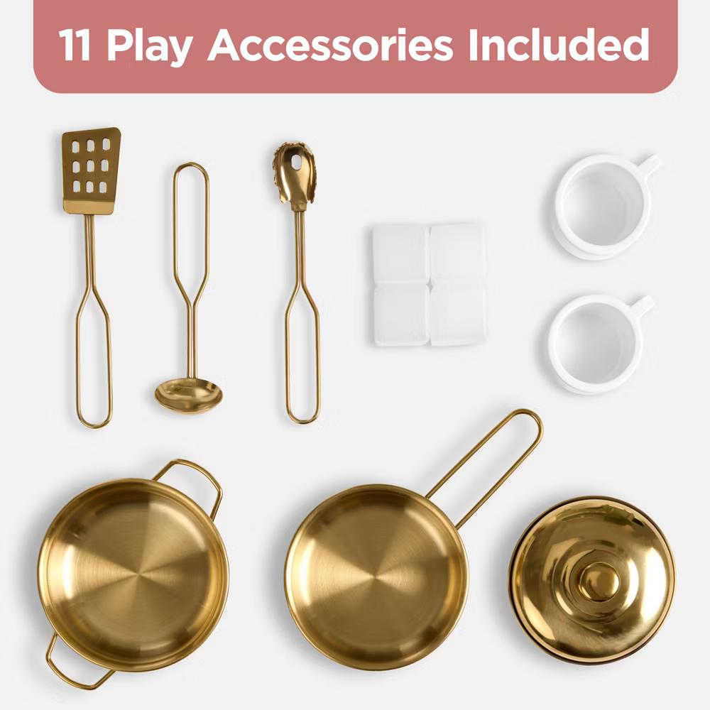 Wooden Cottage Kids Pretend Play Kitchen with 11 Accessories, Espresso Machine - Pink - Image 25