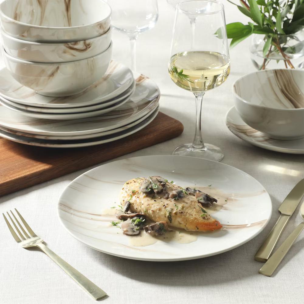 Cloudlight 12 Piece Plates and Bowls Dishes Brown and White - Decorated Porcelain Ceramic Dinnerware Set - Service for 4 - Image 12