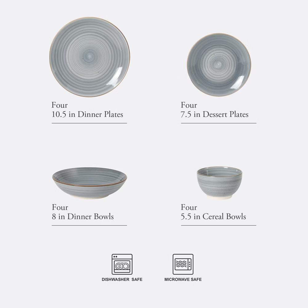 Stonebury 16 Piece Plates and Bowls Assorted Color Dishes - Handpainted Stoneware Dinnerware Set - Service for 4 - Image 5
