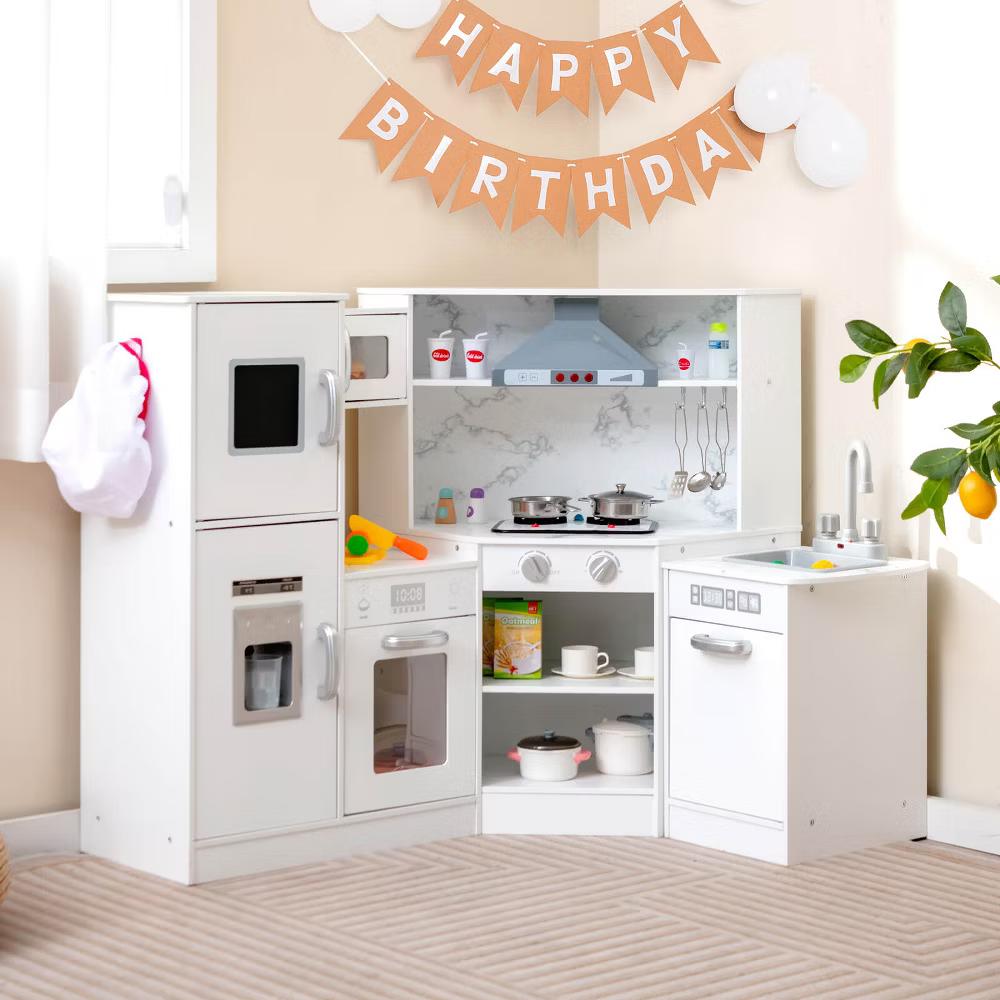 Kids Corner Kitchen Playset Wooden Pretend Play Toy with Microwave WhiteCoffee - Image 12