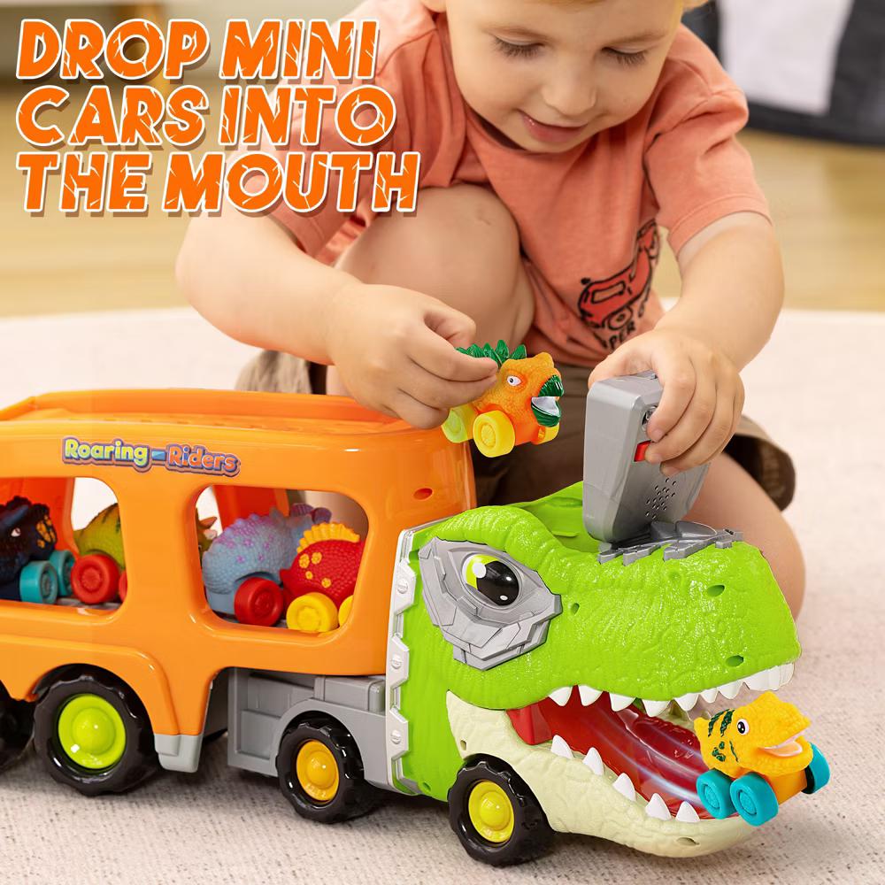 Dinosaur Truck Toy with 6 Rubber Car, Music & Lights, Dinosaur Car Carrier Truck Toy, Toddler Christmas Birthday Gift for 2 3 4 5 Year Old Boys - Image 6