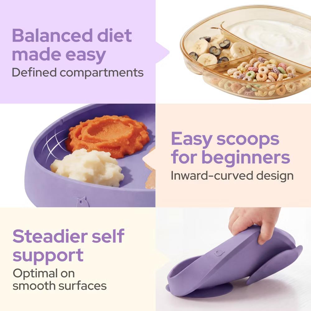 4 PCS Toddler Plates with Suction Base Spoons & Fork Baby Divided Dishes for 0 1 2 3 Years Old PPSU & Food Grade Silicone BPA Free Iris Lilac - Image 3