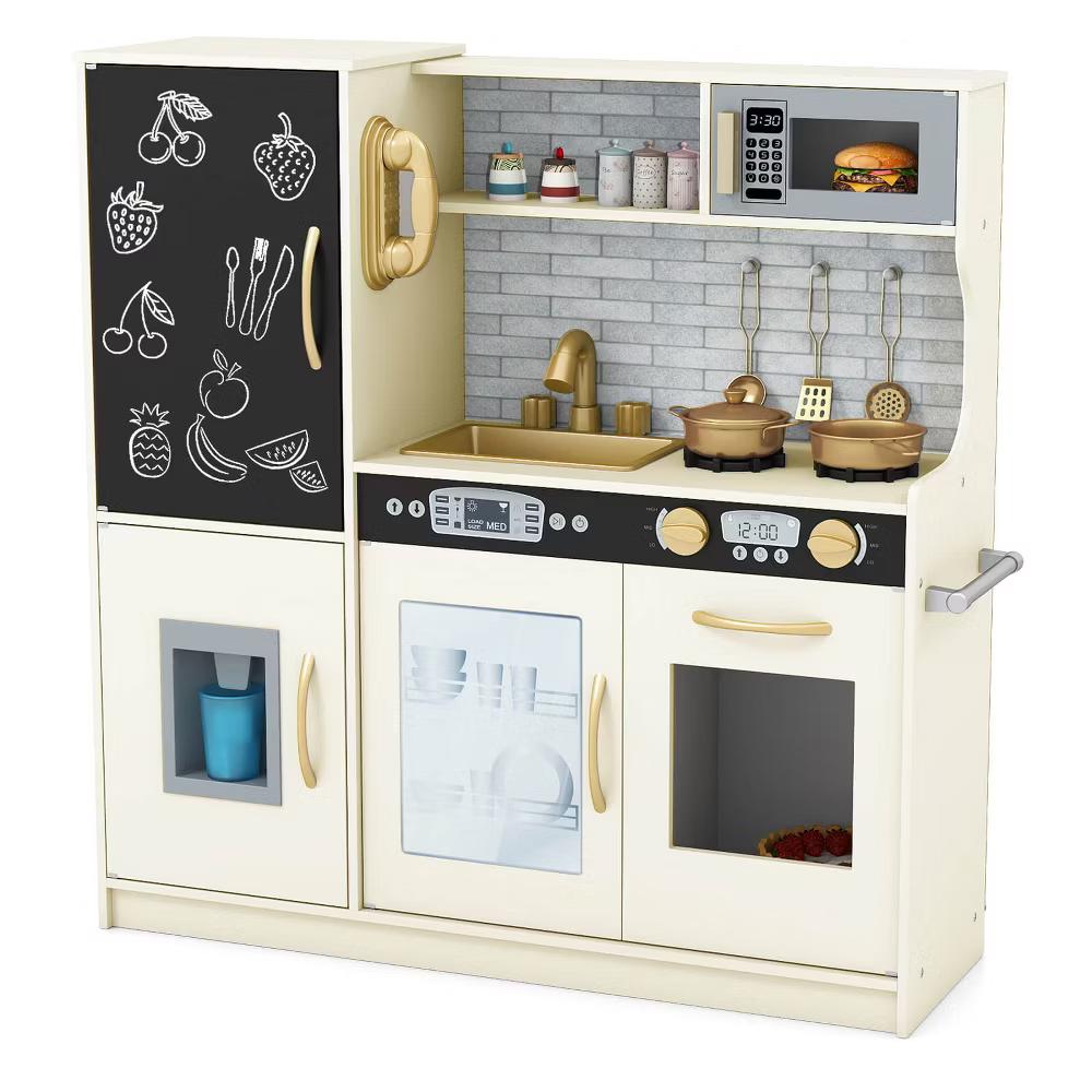 Kid's Pretend Play Kitchen Toddler Kitchen Playset with Blackboard Pink/White/Light Pink/Beige - Image 51