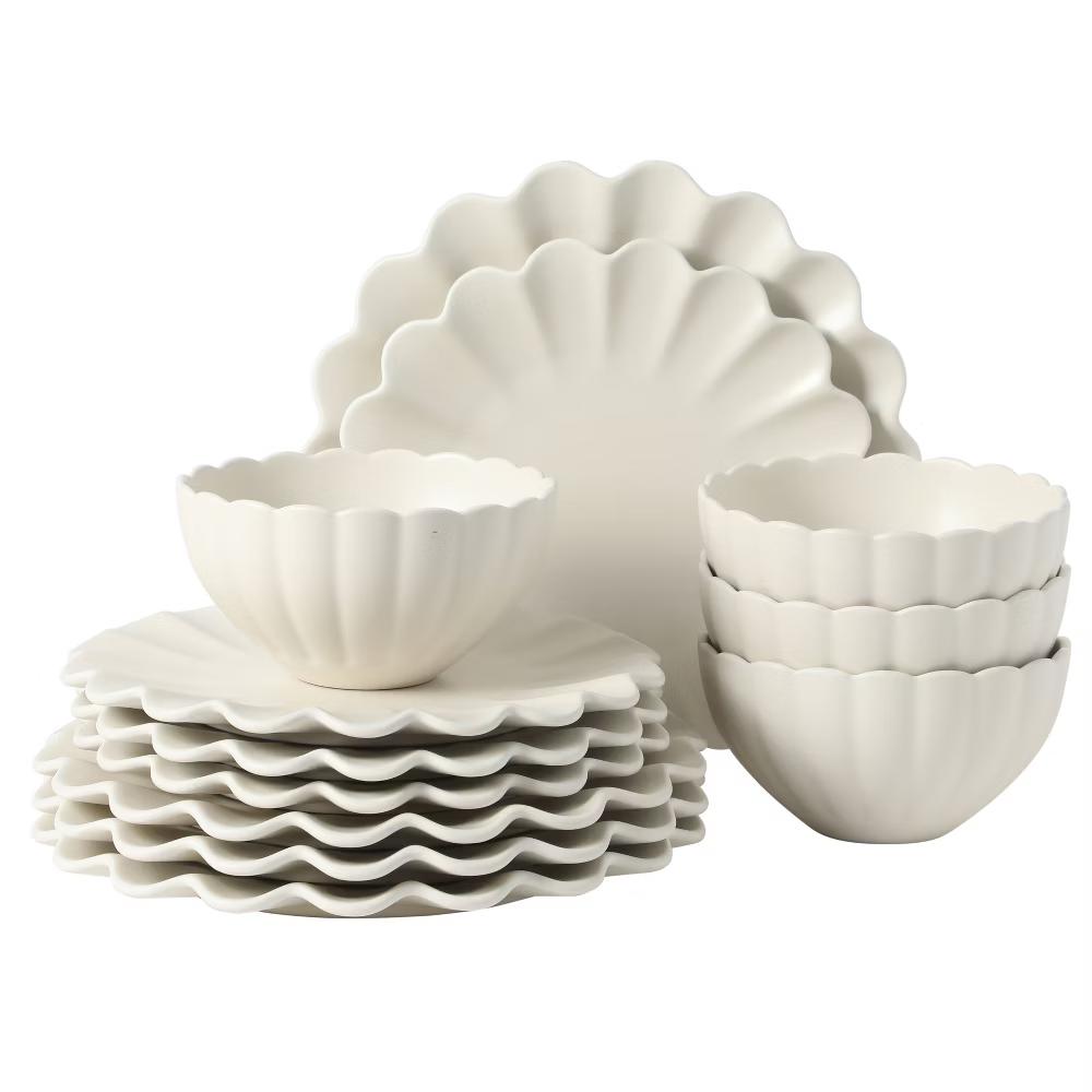 Plates and Bowls Sets, 12-Piece Stoneware Dinnerware Set for 4, Scalloped Dish Set with Dinner Plates, Salad Plates & Bowls - Image 17