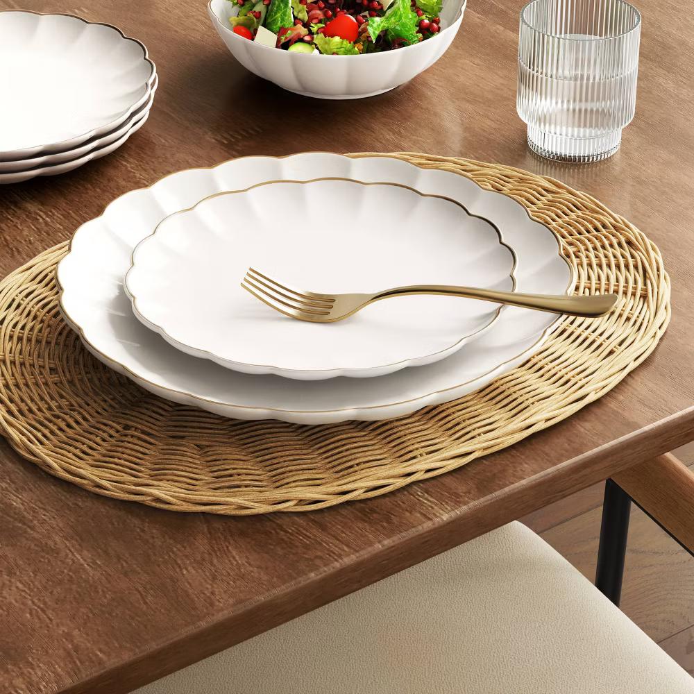 10.5" Stoneware Scalloped Dinner Plate Gold Rim - Image 3
