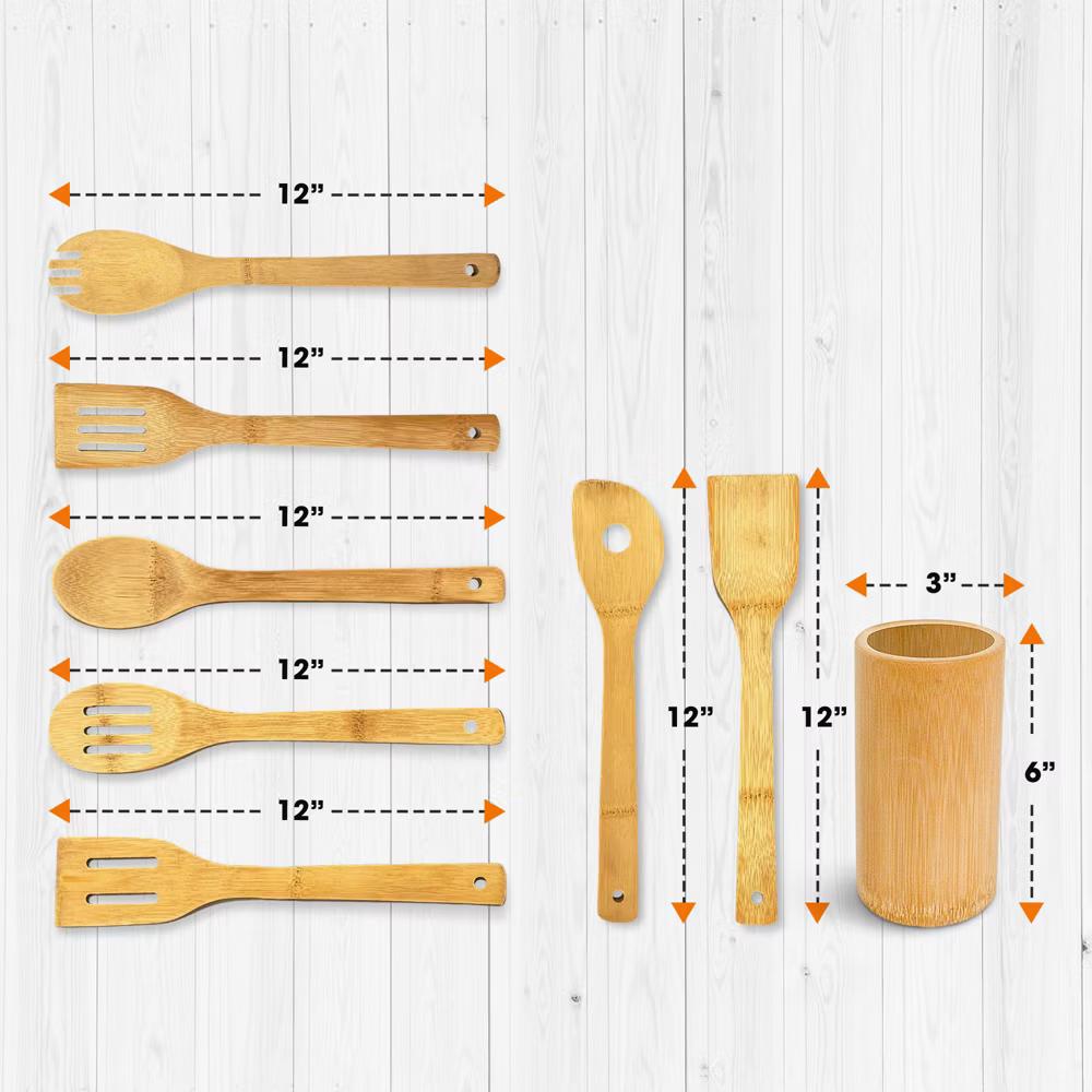 8pc Bamboo Cooking Utensils Set with Holder – Natural Wooden Spoons and Spatulas for Nonstick Pans - Image 5