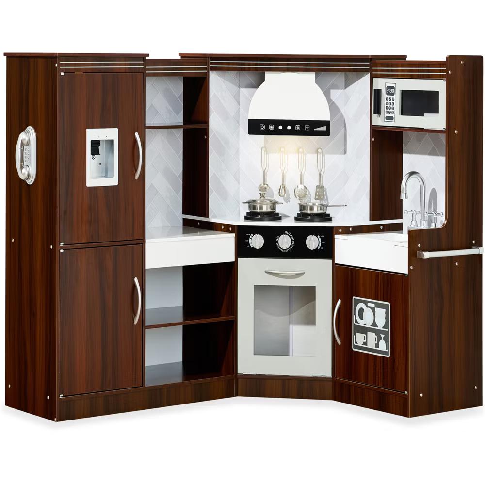 Pretend Play Corner Kitchen, Interactive Wooden Kids Set w/ Lights & Sounds - White - Image 44