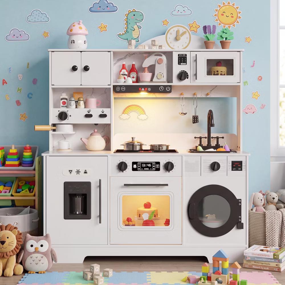 Wooden Play Kitchen for Kids, Wooden Kids Play Kitchen Playset with Lights Sounds, Toddler Pretend Cooking Set with Toy Food Cookware Accessories - Image 9