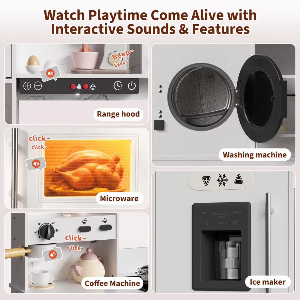 Wooden Play Kitchen for Kids, Wooden Kids Play Kitchen Playset with Lights Sounds, Toddler Pretend Cooking Set with Toy Food Cookware Accessories - Image 10